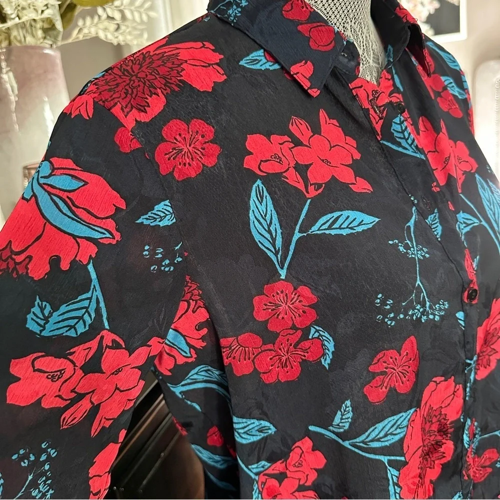 Zara Z1975 Semi-Sheer Maximalist Black Red Blue Bold Floral Blouse Size M - Picture 8 of 16